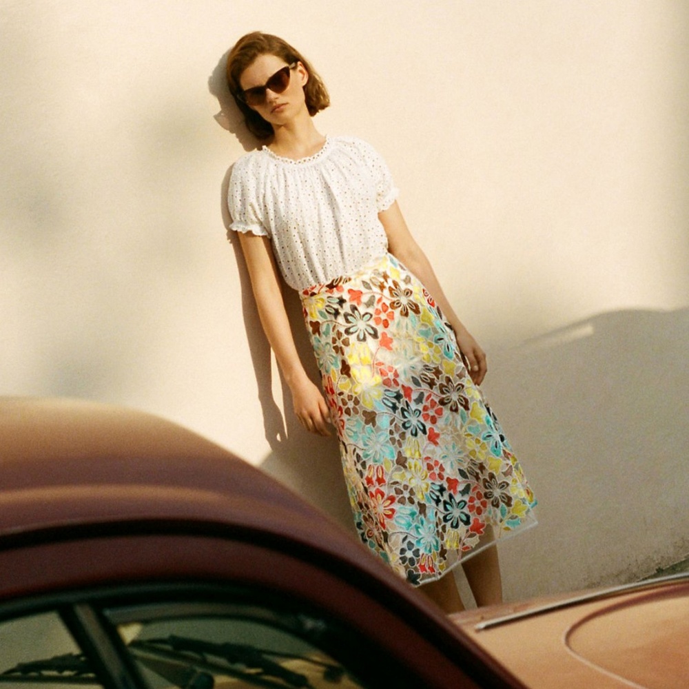 Eva Franco Anthropologie Meghan Floral Embroidered Mesh Midi Skirt NWT - Picture 2 of 6